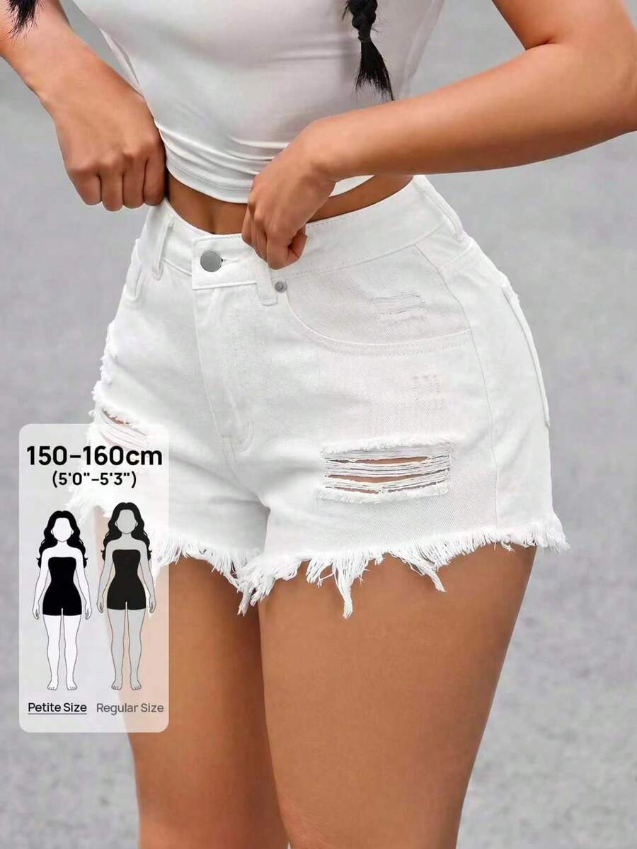 SHEIN PETITE 女款時尚休閒白色破洞水洗牛仔短褲 - 白色 - 查看 1