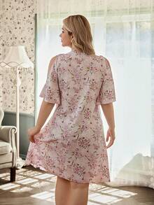 CottageSlumber Romantic Floral Print Off-Shoulder Side Tie Design Plus Size Nightgown - Multicolor - View 2