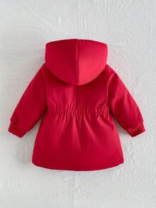 SHEIN 1件幼童女款加厚夾克，可愛紅色彩虹圖案，毛絨內裡，彈性腰部，拉鍊開襟，長袖羅紋袖口，連帽，厚實冬季節日款，純色 - 紅色 - 查看 2