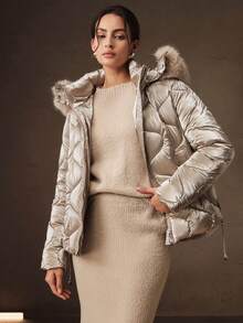 Anewsta Winter Detachable Fur Collar Hat Short Champagne Color Cotton Padded Coat - Champagne - View 5