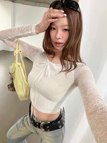 K-Vae Women's Sexy Romantic Casual Elegant Minimalist Lace Slim Fit Flattering Top Party Everyday White Floral Autumn - White - View 7