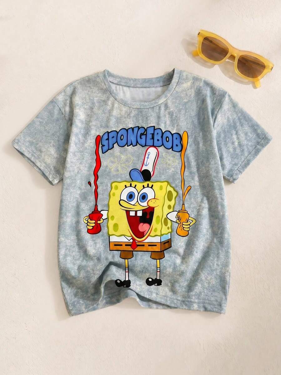 SpongeBob SquarePants | SHEIN 1件趣味休閒風男童T恤,圓領短袖舒適上衣 - 彩色 - 查看 1