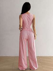 Muchica Conjunto de chaleco y pantalones con un solo botón para mujer, unicolor en otoño/invierno - Rojo y blanco - Ver 2