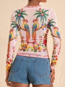 Travachic Women's Coconut Tree & Bird Print Pleated Slim Fit Long Sleeve Top For Daily Wear - Multicolor - View 7