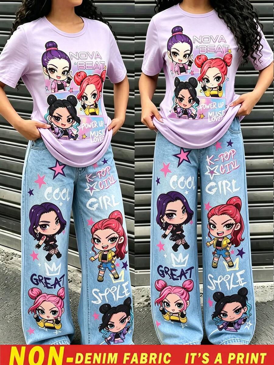 Genkimix Kids 少女组合风格套装,浅紫色短袖上衣搭配甜美少女风印花宽松长裤。面料柔软舒适,透气性佳,适合夏季穿着。阔腿涂鸦印花牛仔裤款式,增添街头潮流感,宽松版型方便日常活动。甜美与酷炫的碰撞,轻松打造夏日出行和校园造型。 - 紫色 - 查看 1