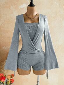 Soleia Women's Solid Color Contrast Lace Flare Sleeve Romper - Grey - View 1