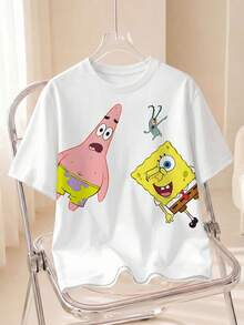 SpongeBob SquarePants | SHEIN 女士休闲可爱卡通图案圆领短袖T恤，夏季 - 白色 - 查看 1