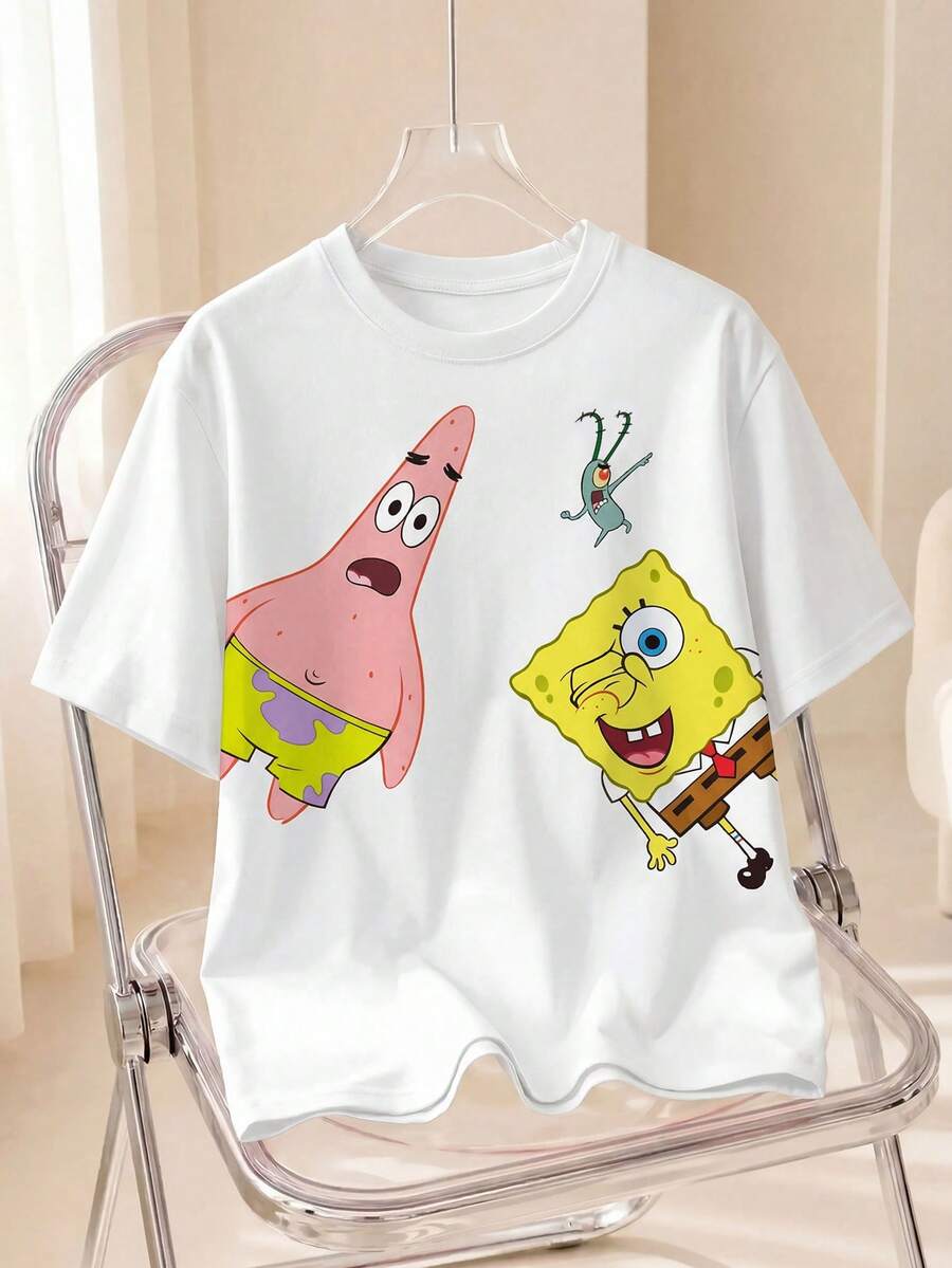 SpongeBob SquarePants | SHEIN 女士休闲可爱卡通图案圆领短袖T恤,夏季 - 白色 - 查看 1