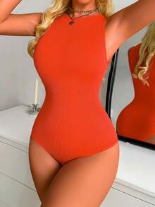 SHEIN 1pc Women's Solid Color Tank Style Bodysuit Shapewear - Orange - View 5