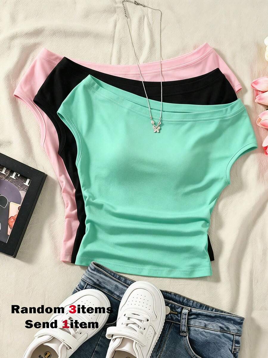 SHEIN Spring And Summer Simple Off-The-Shoulder Tween Girls T-Shirt - Green - View 1