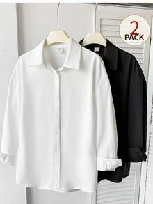 SHEIN Tween Girls Casual Versatile Simple 2pcs Comfortable Solid Color Long Sleeve Single-Breasted Casual Shirt - Black and White - View 3