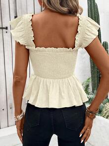 Flora Isola Flora Isola Casual Solid Color Short Flutter Sleeve Blouse With Ruffled Hemline, Perfect For Vacation Peplum Top - Apricot - View 2
