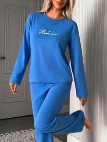 SHEIN Solid Color Have Fun Slogan Print Casual Lounge Pajama Set - Blue - View 5