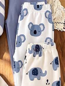 SHEIN 隨機3款發1套男嬰休閒衛衣套裝，滿版印花考拉、大卡通大象、藍白寬條紋小馬，搭配同圖案收口長褲，簡約俏皮設計，適合外出、購物、日常穿著，春秋冬季適用 - 彩色 - 查看 7