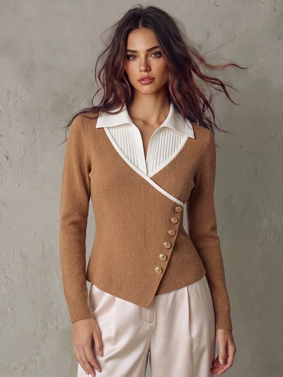 Franclia Suéter de cuello polo de manga larga con color de contraste elegante y minimalista, adecuado para otoño/invierno - Caqui - Ver 1