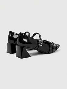 ROMWE Grunge Punk Elegant Pointed Toe Chunky Heel Lacquer Leather Pumps For Christmas Y2K 2000s Style - Love Black - View 6