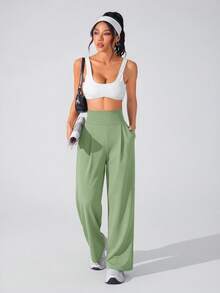 Easithlete Easithlete 女款素色高腰口袋寬腿鬆款運動長褲 - Limelight Green - 查看 4
