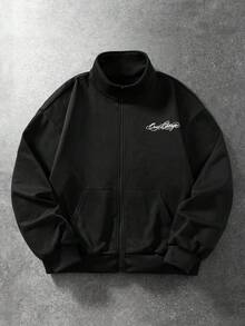 ROMWE MEN Men's Letter & Number Print Zip-Up Casual Everyday Sweatshirt - Black - View 3