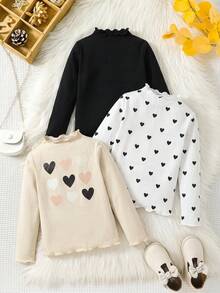 SHEIN 兒童 3件組女童休閒基礎百搭素色羅紋飾邊小高領針織修身T恤套裝 秋冬款 - 彩色 - 查看 6