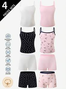4pcs/Set Girls Toddler Bow & Heart Print Sweet Minimalist Cute Mori Style Soft Basic Camisole & Panty Set, Multi-Color - Multicolor - View 6
