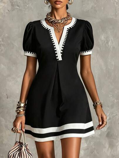 Louniche Vestido casual de oficina para mujer, talla estándar, con bloques de color y cintura ceñida, primavera/verano