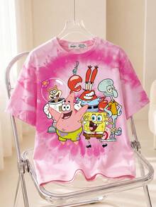 SpongeBob SquarePants | SHEIN Plus Size Tie-Dye Cartoon Graphic Round Neck Short Sleeve T-Shirt, Summer - White - View 1