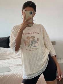 DAZY Women's Loose Slogan & Cartoon Print Round Neck Drop Shoulder T-Shirt Graphic Tees Women - Apricot - View 8