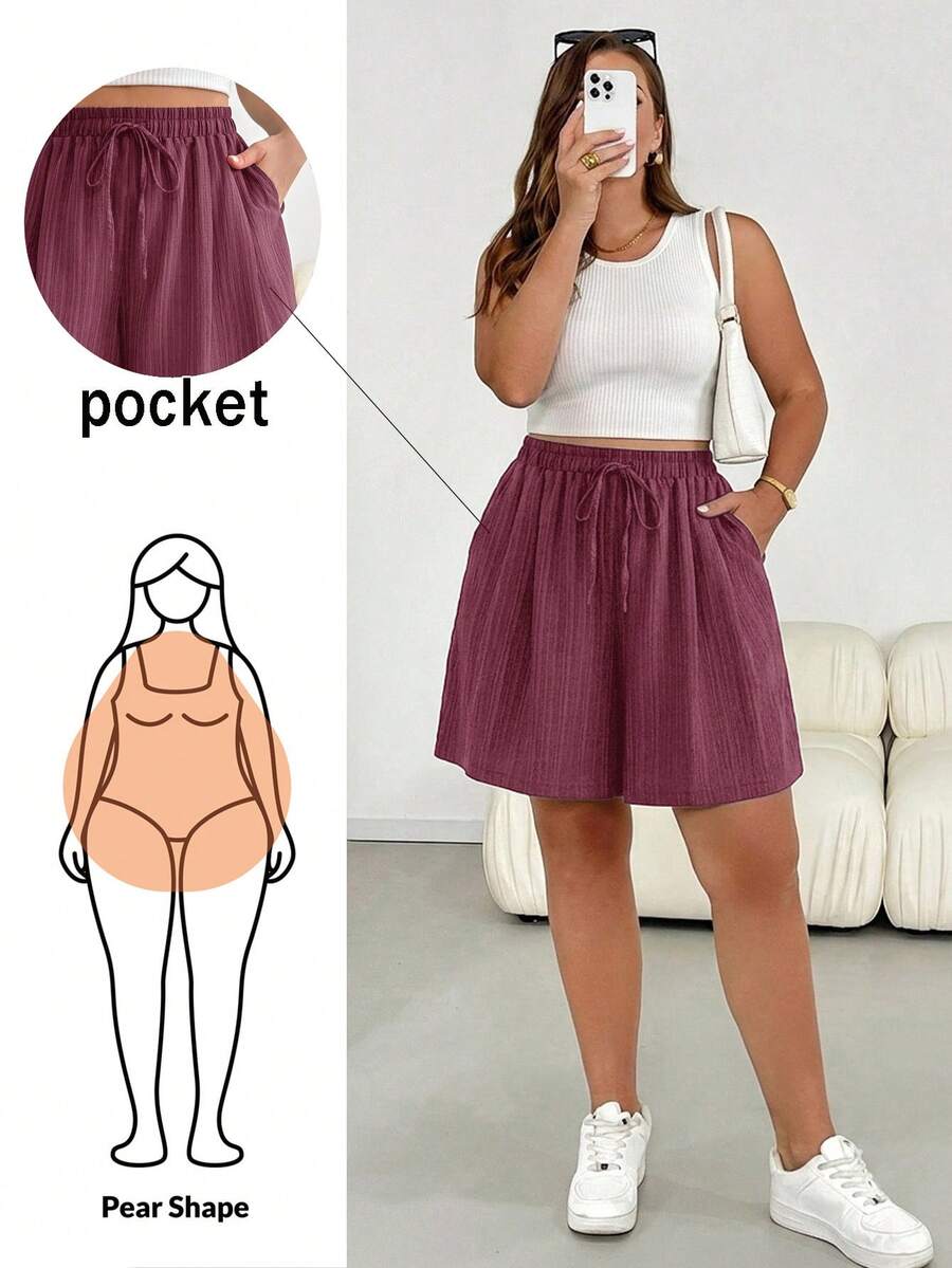 Shapeblank 大尺碼女款純色腰部綁帶口袋寬腿短褲