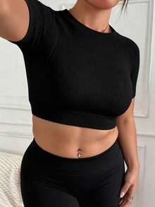 Solea Cove Women's Plus Size Solid Color Raglan Short Sleeve Cropped Sports T-Shirt Gym Sports Black Summer - Black - View 6