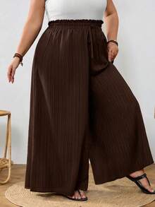 SHEIN CURVE+ Celana Panjang Ukuran Besar Warna Polos Pinggang Tinggi Kaki Lebar, Desain Pinggang Paper Bag, Cocok Untuk Liburan Musim Panas di Pantai - Coklat - View 4