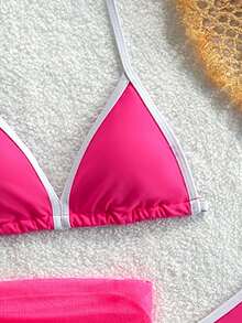 SHEIN 女童3件組泳衣套裝，桃紅色配白色滾邊素色面料掛脖三角上衣、三角比基尼泳褲、繫帶網紗罩衫裙，高彈性海灘度假泳裝，時尚休閒精緻，適合游泳、夏季度假、夏季海灘、海邊、游泳池、夏季假期派對、休閒度假 - 玫紅色 - 查看 3