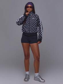 Musera Sport Black Polka Dot Contrast Stripe Side Zip Through Cinched Waist Sport Logo Track Jacket Gym Pilates Fitness Daily Casual Everyday Running Void - Black and White - View 5