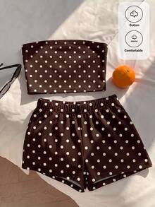Comfortcana Conjunto de dos piezas de top bandeau y pantalones cortos con lunares marrones y blancos, estilo casual vintage para mujer, ideal para playa, vacaciones y verano - Marrón - Ver 4