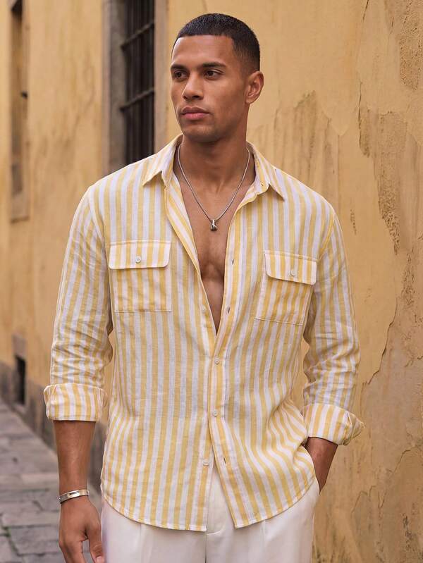 Ocevento Camisa casual versátil de uso diario a rayas con un solo botón para hombre
