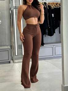 INAWLY Solva Plus Size Summer Sexy Solid Color Backless Halter Neck Super Short Top And Long Pants 2 Pieces Set Vacation Night Brown - Coffee Brown - View 4