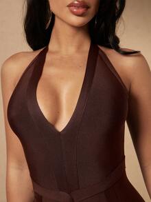 Silquee Vestido midi ajustado con escote en V profundo para mujer - Café - Ver 6