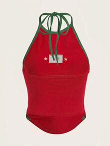 SHEIN ICON Bikercore 字母刺繡對比包邊掛脖夏季上衣 - 綠色 - 查看 2