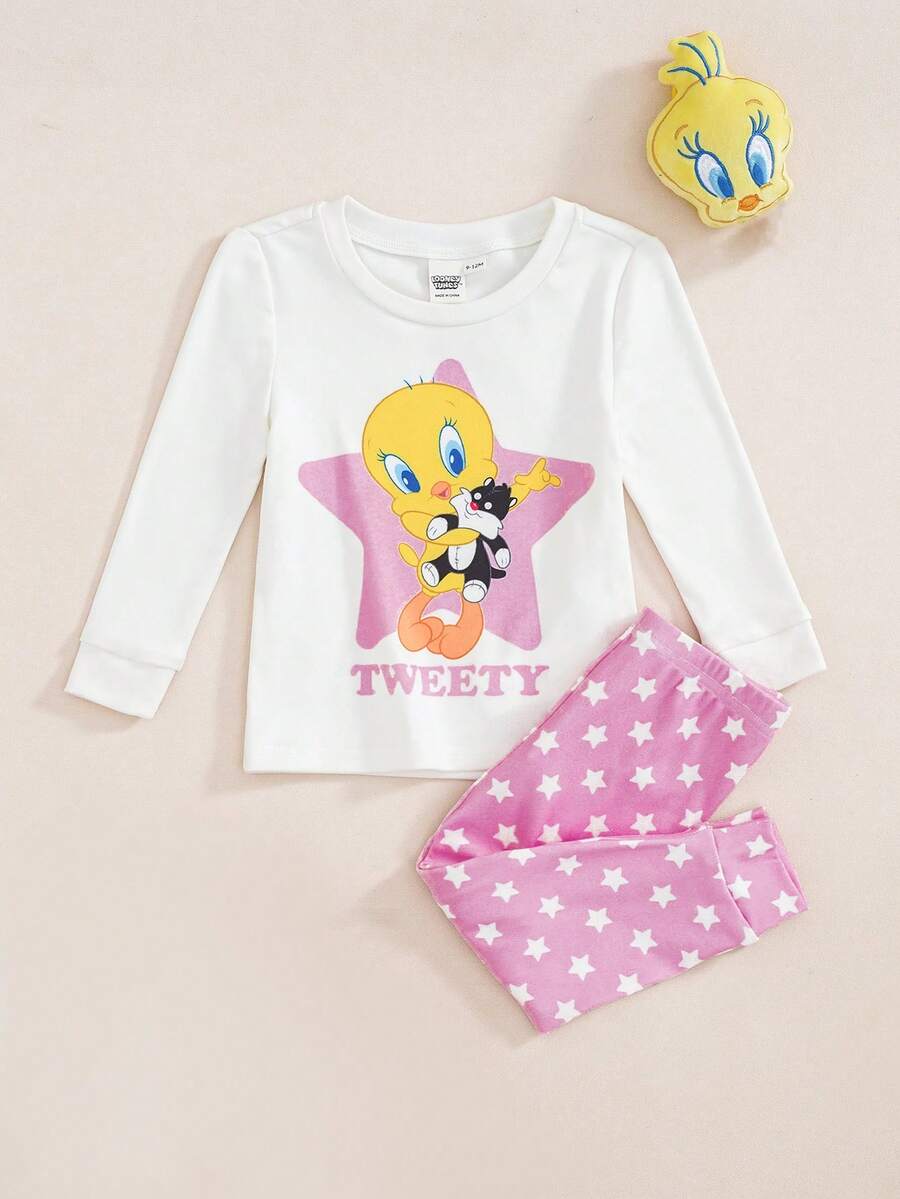 LOONEY TUNES X SHEIN Baby Girl Cartoon Print Top & Star Print Leggings Snug Fit Loungewear - White - View 1