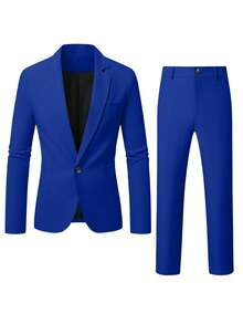 Manfinity Mode Men's Lapel Collar Casual Suit Set, Spring/Summer Formal, Ceremony - Royal Blue - View 3