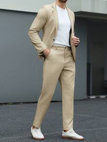Manfinity Mode Conjunto de traje formal para hombre con blazer de cuello de solapa & pantalones, formal de primavera/verano, ceremonia - Caqui - Ver 4