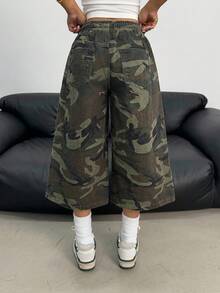 SHEIN 青少年女孩 Y2K 時尚淺色水洗寬鬆彈性抽繩腰牛仔寬腿短褲，波希米亞度假風，適合夏季音樂會、節慶、休閒、畢業季 - 軍綠色 - 查看 3
