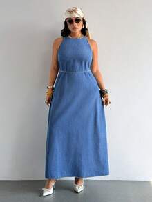 SHEIN EZwear 大尺碼秋季休閒正裝休閒無袖長版牛仔洋裝，適合度假約會，海軍藍 - 藍色 - 查看 6