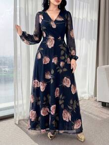 Feyla 新款玫瑰花優雅迷人女款高端收腰顯瘦洋裝 - 藏蓝色 - 查看 5