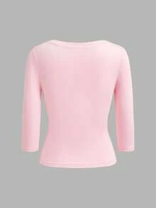Comfortcana 3pcs Kaos Basic Putih, Hitam, Pink Muda, Leher V Dalam, Pas Badan, Lengan Sedang, Cocok untuk Kembali ke Sekolah, Atasan Awal Musim Gugur, Cocok untuk Perjalanan Sehari-hari, Pesta, dan Kerja - MultiWarna - View 6