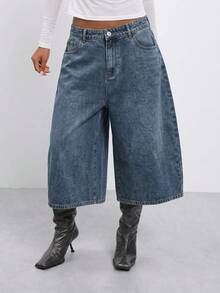 COUREZ Quần short jean dáng bóng cạp thấp màu than wash /Y2K mùa hè - Màu xanh lam - Xem 4