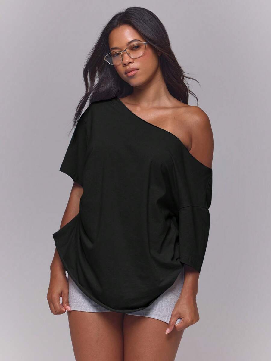 MUSERA Black Jersey Slouchy Off The Shoulder Raw Hem Cinched Gathered Waist Longline Oversized Tee - Black - View 1