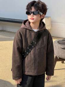 Dazy Kids Jaket Kasual Serbaguna Berkerudung Warna Polos untuk Anak Laki-Laki Remaja Musim Dingin, Cocok untuk Bepergian, dan Musim Gugur. - Coklat - View 3