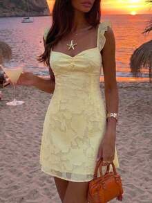 Aloruh Women's Summer Elegant Cute Solid Color Cut-Out Short Dress Vacation Going Out Pale Yellow - Light Yellow - View 4