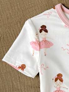SHEIN 少女休閒簡約修身舒適圓領短袖長褲家居服套裝，2件組，貼身剪裁 - 淺粉色 - 查看 3