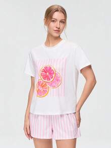 Bonmuse Women's Pink Striped Grapefruit Short Sleeve T-Shirt And Shorts Pajama Set - Red - View 5